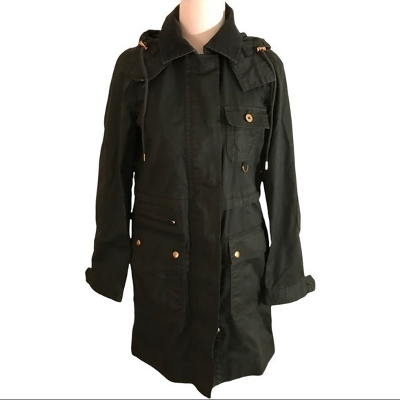 J Crew Olive Cotton Corduroy Trim Green Trench Coat Hoodie